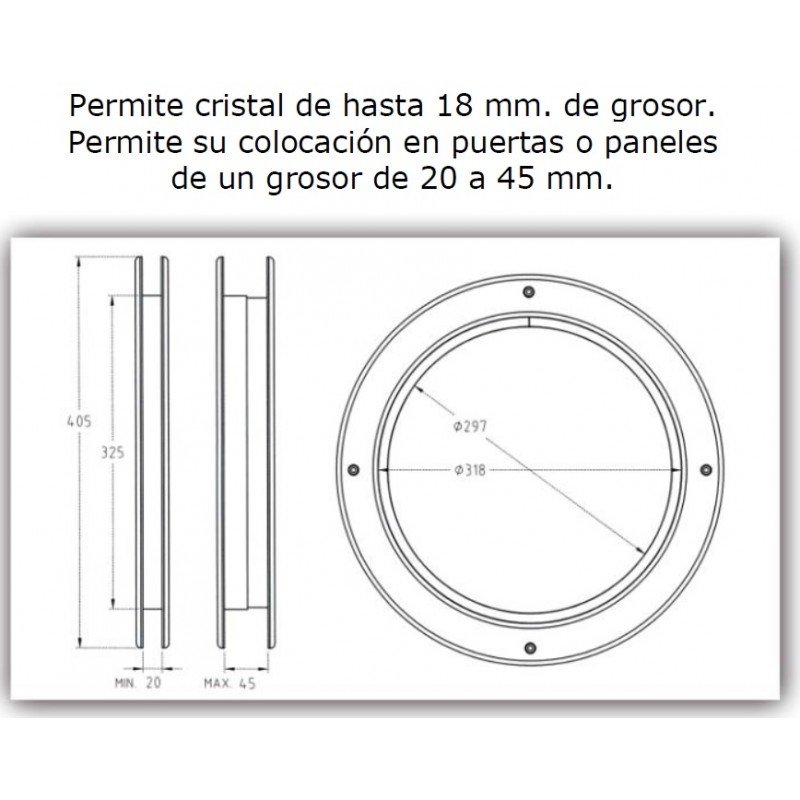 Ojo de buey d Alumabe para puertas y paneles de aluminio, madera o PVC